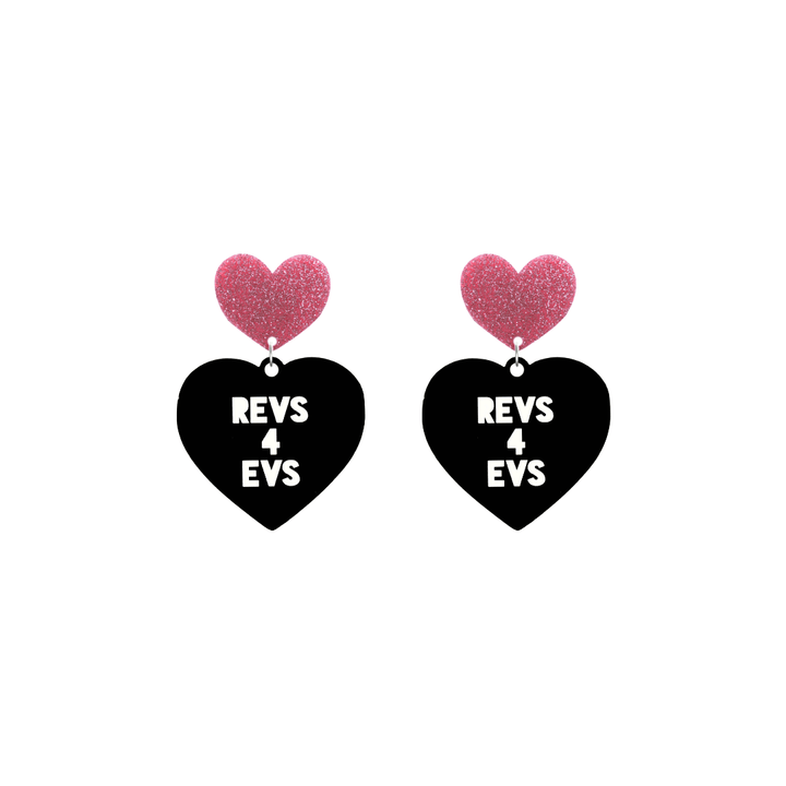 haus of dizzy custom black heart-shaped earrings this example has 'REVS 4 EVS' text in white over 3 lines with pink glittery hearts tops in size small