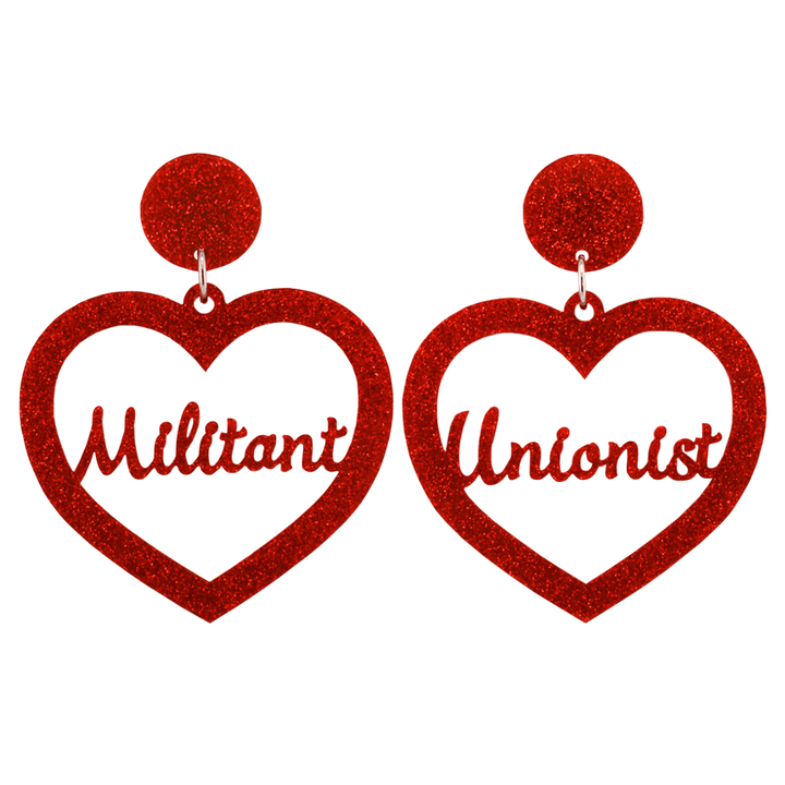 haus of dizzy red glitter heart earrings that read militant unionist in cursive font with red glitter circle tops size large