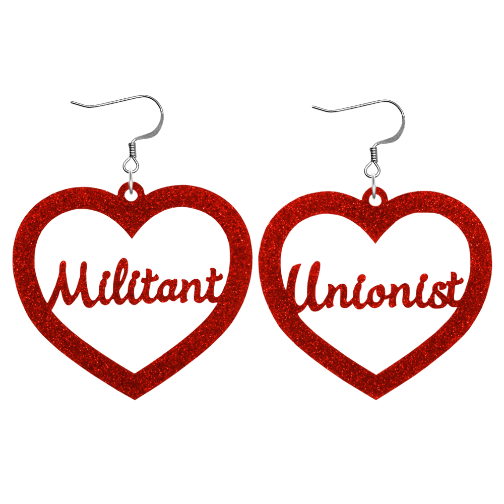 haus of dizzy red glitter heart earrings that read militant unionist in cursive font size large with hooks no circle tops
