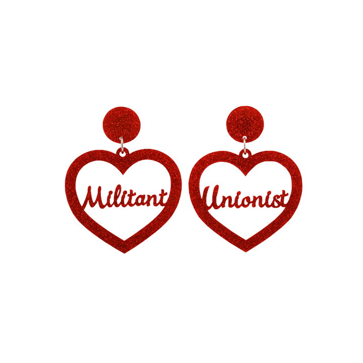 haus of dizzy red glitter heart earrings that read militant unionist in cursive font with red glitter circle tops size small