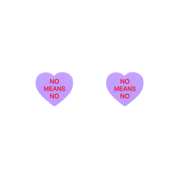 haus of dizzy pastel grape candy heart studs with 'NO MEANS NO' hand painted red text in centre