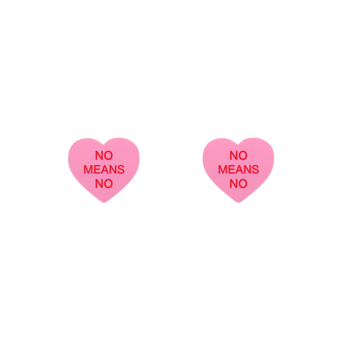 haus of dizzy pastel pink heart studs with 'NO MEANS NO' hand painted red text in centre