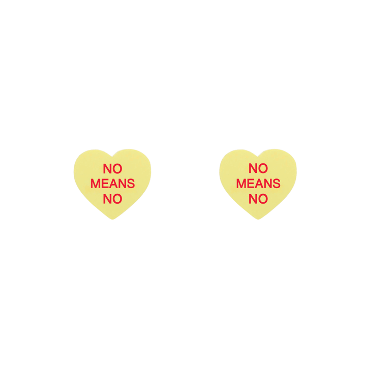 haus of dizzy pastel lemon candy heart studs with 'NO MEANS NO' hand painted red text in centre