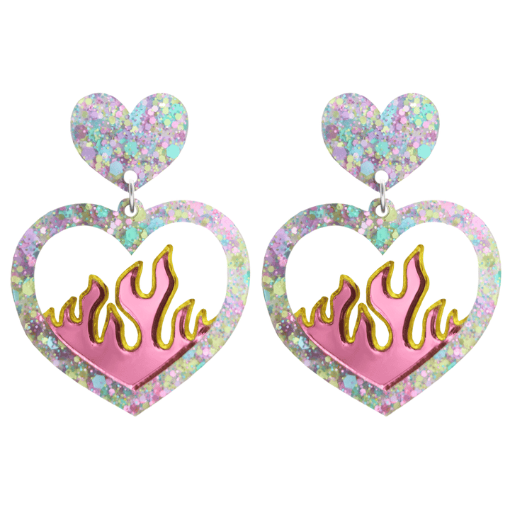 Heart-shaped earrings with flame design and multicolored glittery border on a white background