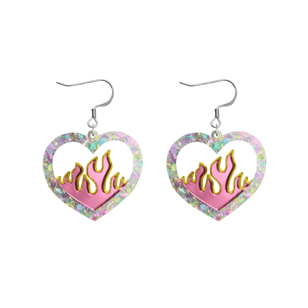 Heart-shaped earrings with flame design and multicolored glittery border on a white background size small with hooks