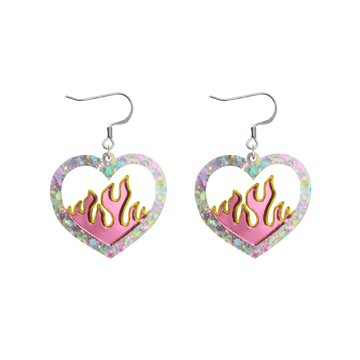 Heart-shaped earrings with flame design and multicolored glittery border on a white background size small with hooks