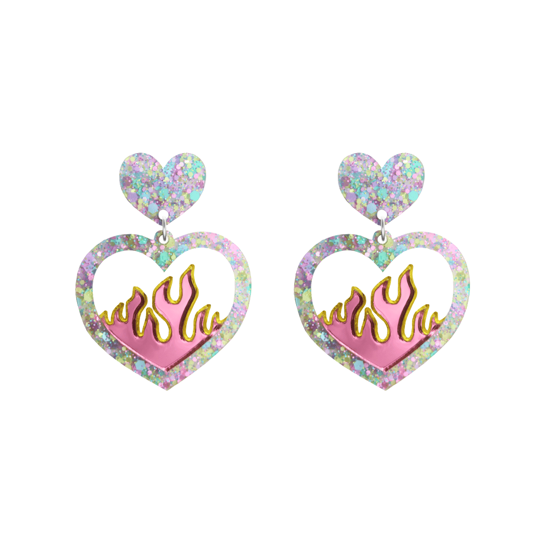 Heart-shaped earrings with flame design and multicolored glittery border on a white background size small