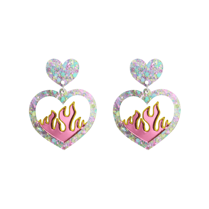 Heart-shaped earrings with flame design and multicolored glittery border on a white background size small