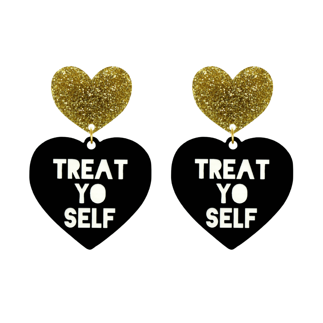haus of dizzy black heart-shaped earrings with 'TREAT YO SELF' text in white and gold glittery hearts tops size large