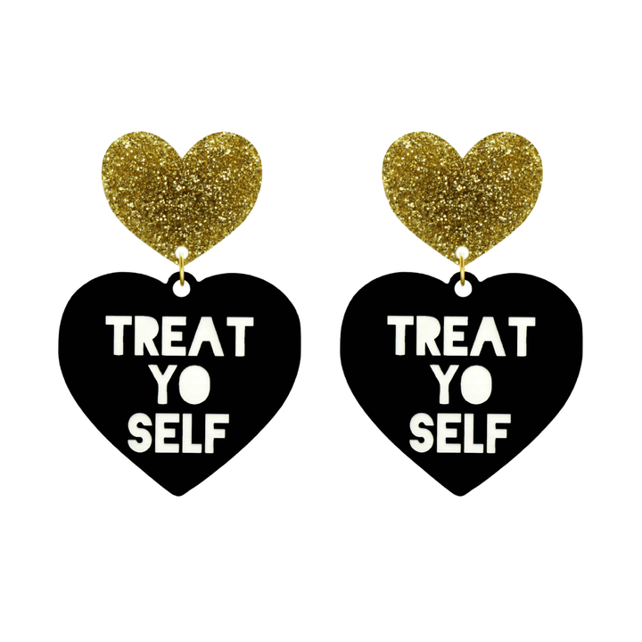 haus of dizzy black heart-shaped earrings with 'TREAT YO SELF' text in white and gold glittery hearts tops size large
