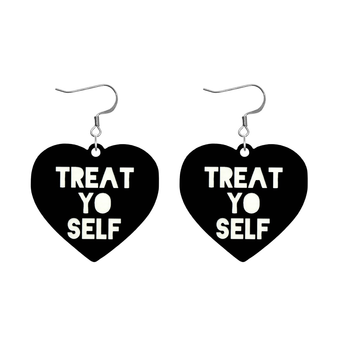 haus of dizzy black heart-shaped earrings with 'TREAT YO SELF' text in white with silver hooks no heart tops size large