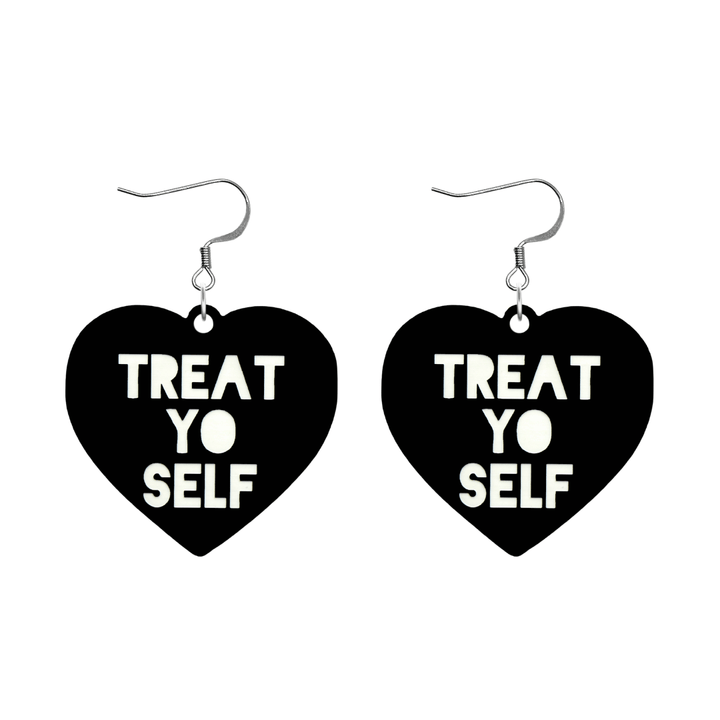 haus of dizzy black heart-shaped earrings with 'TREAT YO SELF' text in white with silver hooks no heart tops size large