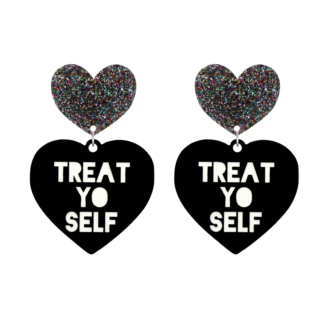 haus of dizzy black heart-shaped earrings with 'TREAT YO SELF' text in white and multi coloured glittery hearts tops size large