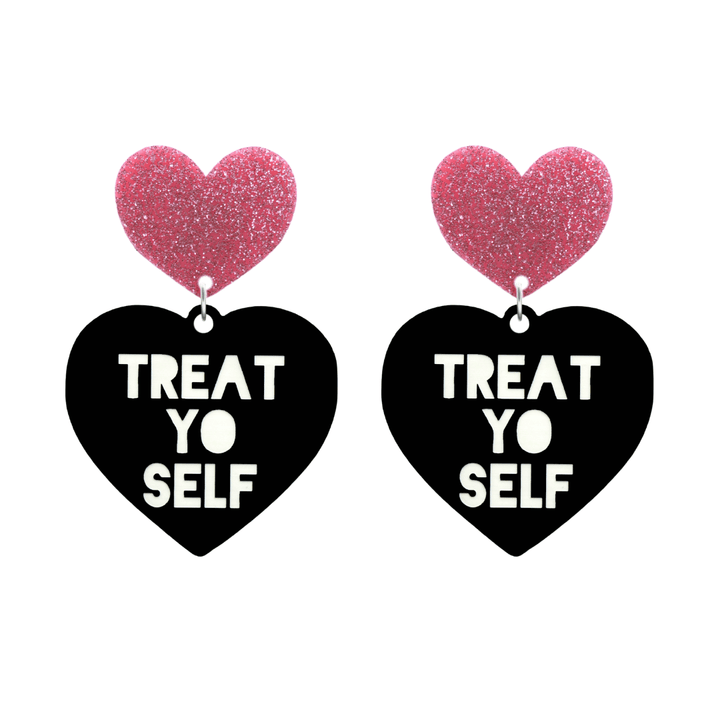 haus of dizzy black Heart-shaped earrings with 'TREAT YO SELF' text in white and pink glittery hearts tops size large