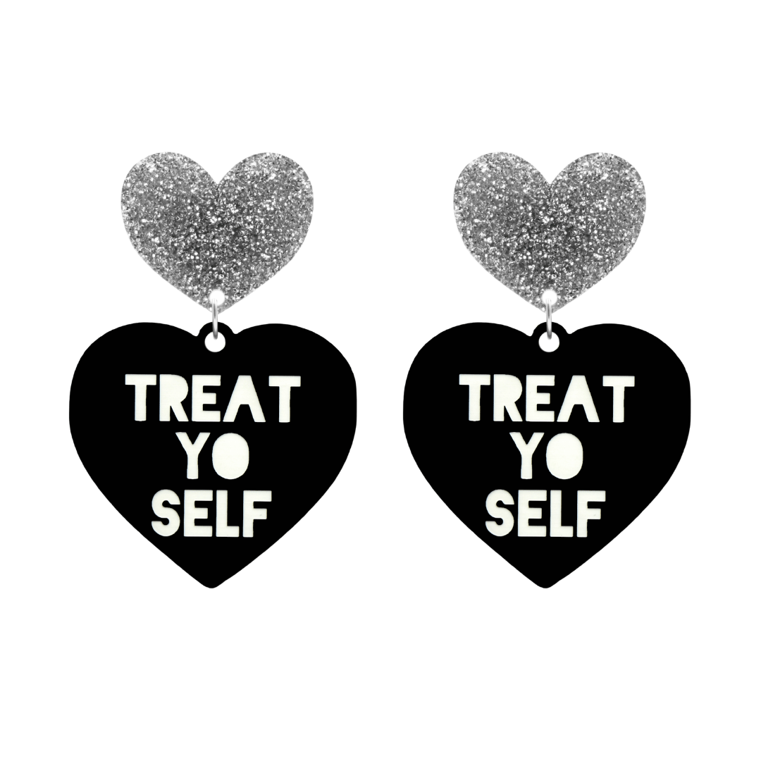 haus of dizzy black heart-shaped earrings with 'TREAT YO SELF' text in white and silver glittery hearts tops size large