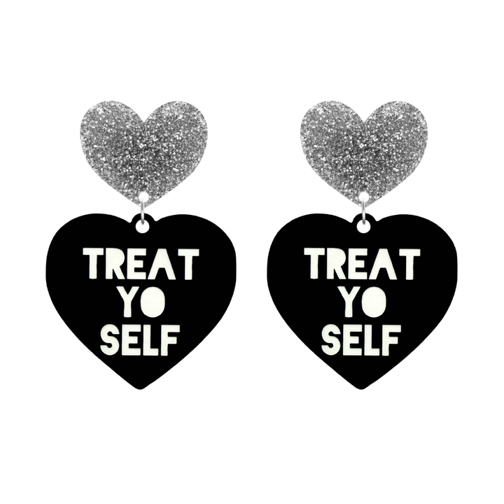 haus of dizzy black heart-shaped earrings with 'TREAT YO SELF' text in white and silver glittery hearts tops size large