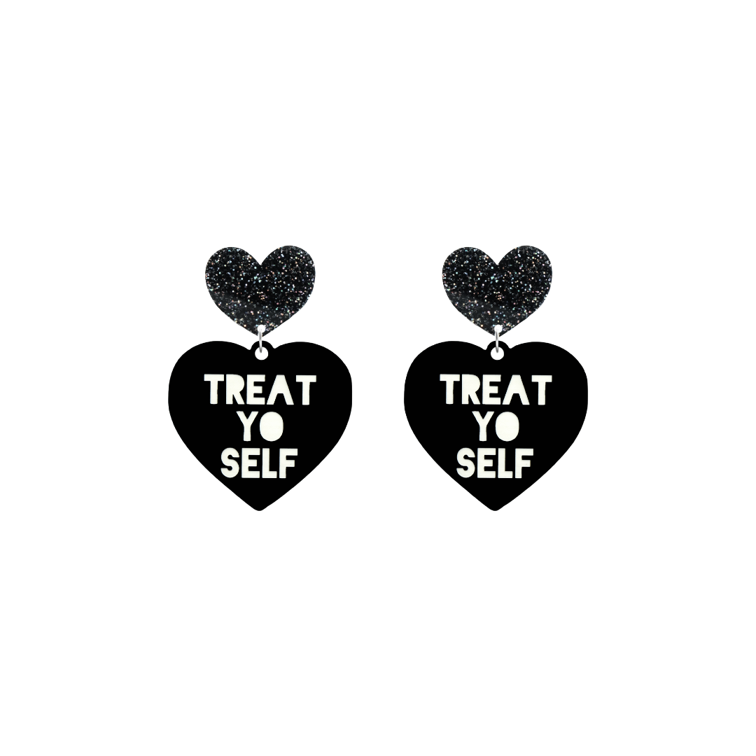 haus of dizzy black heart-shaped earrings with 'TREAT YO SELF' text in white and black glittery hearts tops size small