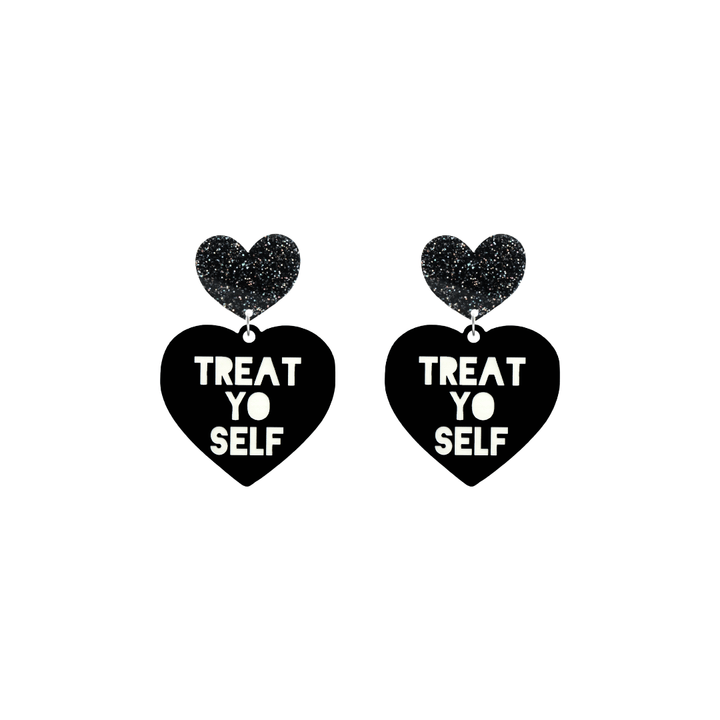 haus of dizzy black heart-shaped earrings with 'TREAT YO SELF' text in white and black glittery hearts tops size small