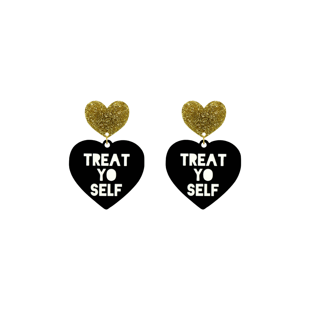 haus of dizzy black heart-shaped earrings with 'TREAT YO SELF' text in white and gold glittery hearts tops size small