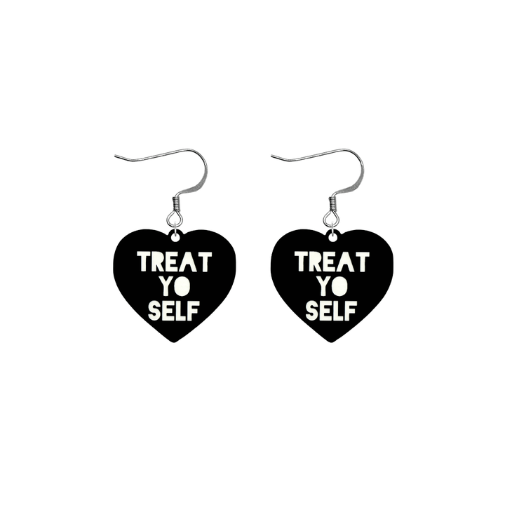 haus of dizzy black heart-shaped earrings with 'TREAT YO SELF' text in white with silver hooks no heart tops size small
