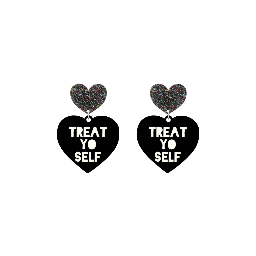 haus of dizzy black heart-shaped earrings with 'TREAT YO SELF' text in white and multi coloured glittery hearts tops size small