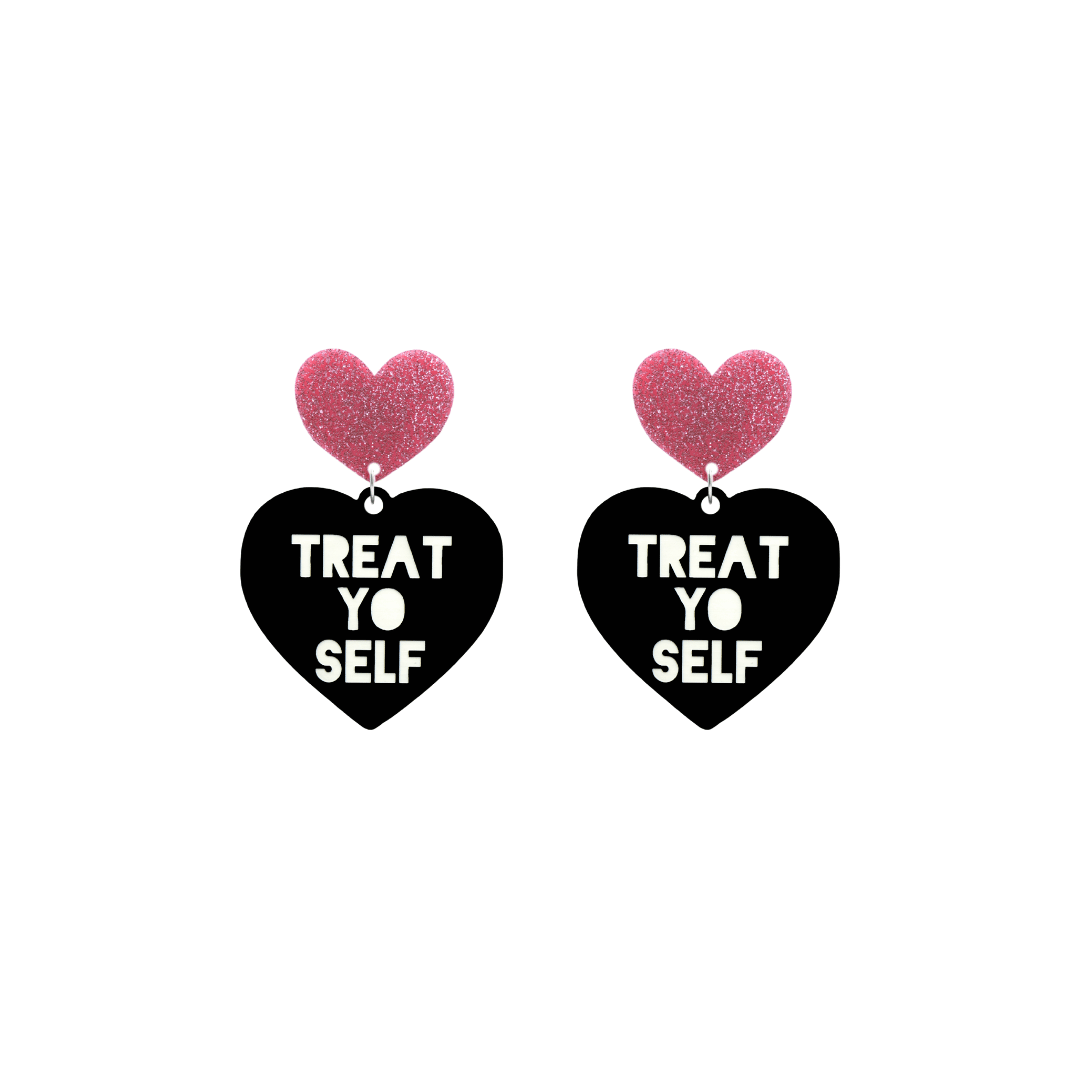 haus of dizzy black heart-shaped earrings with 'TREAT YO SELF' text in white and pink glittery hearts tops size small