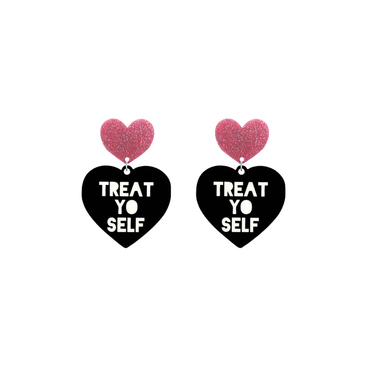 haus of dizzy black heart-shaped earrings with 'TREAT YO SELF' text in white and pink glittery hearts tops size small
