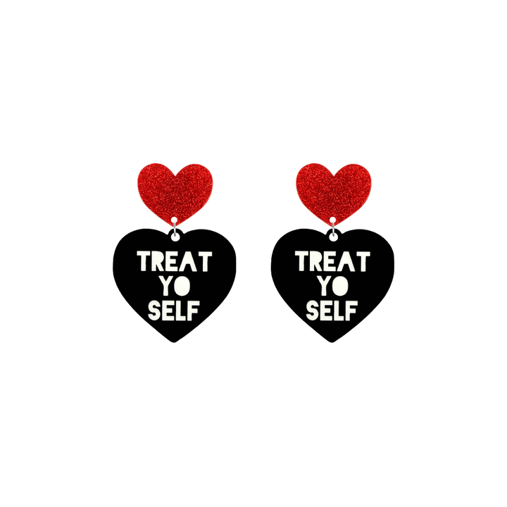 haus of dizzy black heart-shaped earrings with 'TREAT YO SELF' text in white and red glittery hearts tops size small