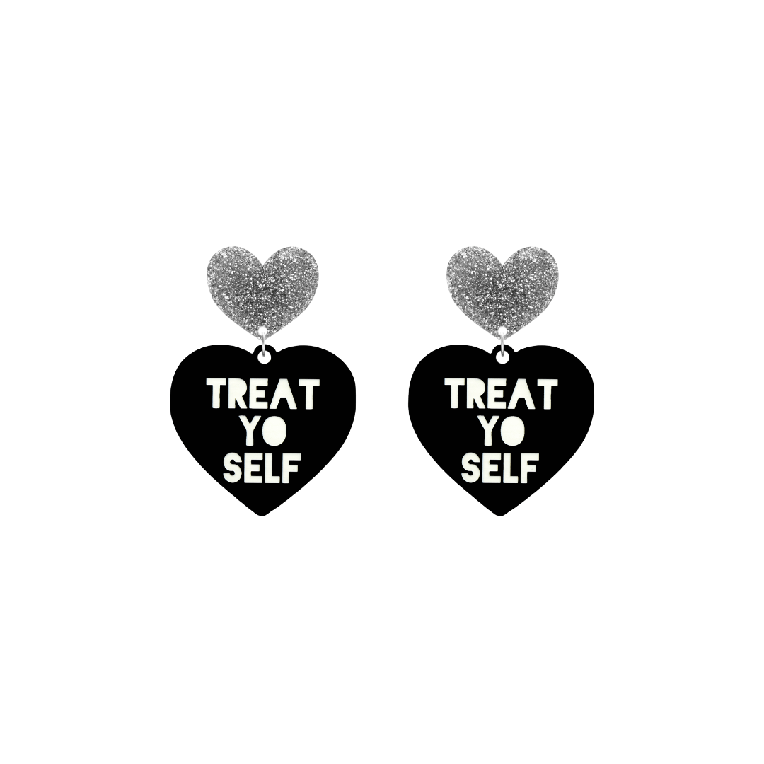 haus of dizzy black heart-shaped earrings with 'TREAT YO SELF' text in white and silver glittery hearts tops size small