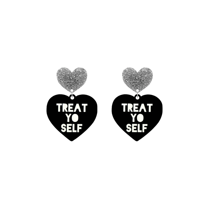 haus of dizzy black heart-shaped earrings with 'TREAT YO SELF' text in white and silver glittery hearts tops size small
