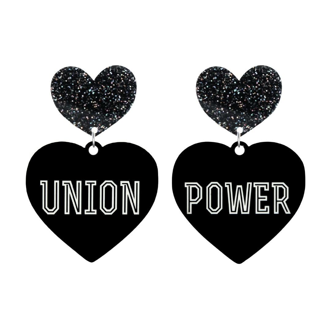 haus of dizzy black Heart-shaped earrings with 'UNION POWER' text in white and black glittery hearts tops size large