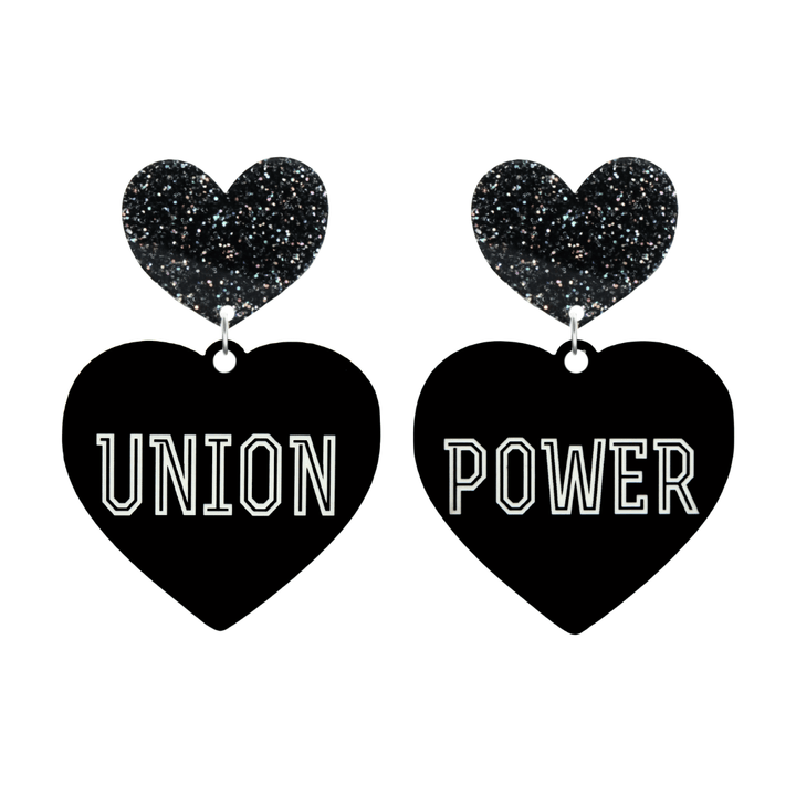 haus of dizzy black Heart-shaped earrings with 'UNION POWER' text in white and black glittery hearts tops size large