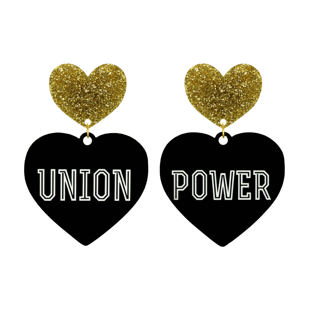 haus of dizzy black Heart-shaped earrings with 'UNION POWER' text in white and gold glittery hearts tops size large