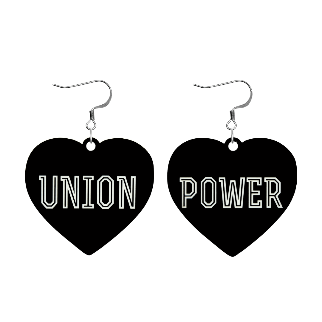 haus of dizzy black Heart-shaped earrings with 'UNION POWER' text in white with silver hooks no heart tops size large