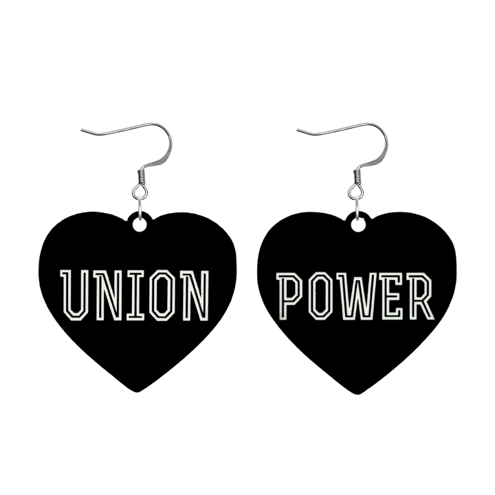 haus of dizzy black Heart-shaped earrings with 'UNION POWER' text in white with silver hooks no heart tops size large