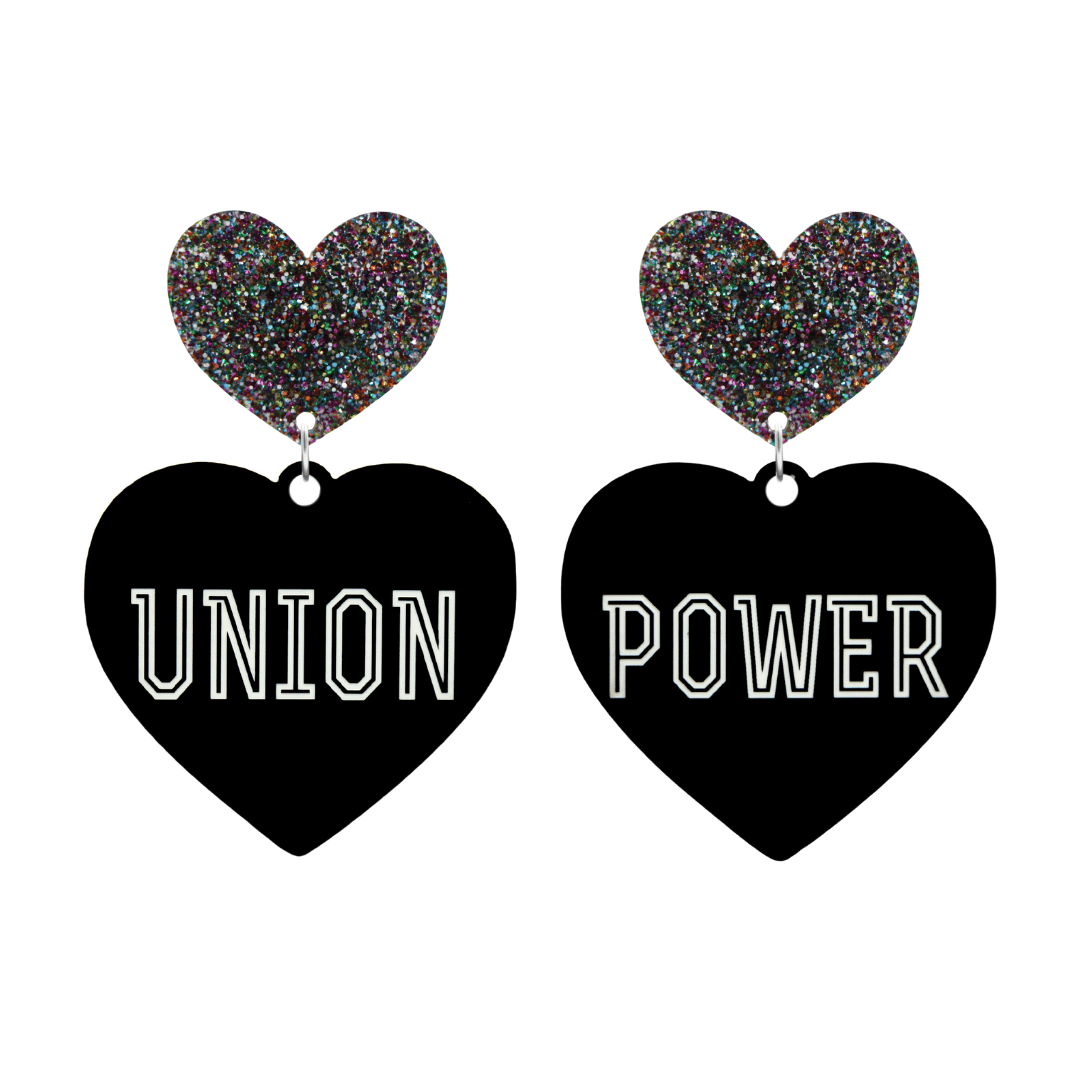 haus of dizzy black Heart-shaped earrings with 'UNION POWER' text in white and multi coloured glittery hearts tops size large