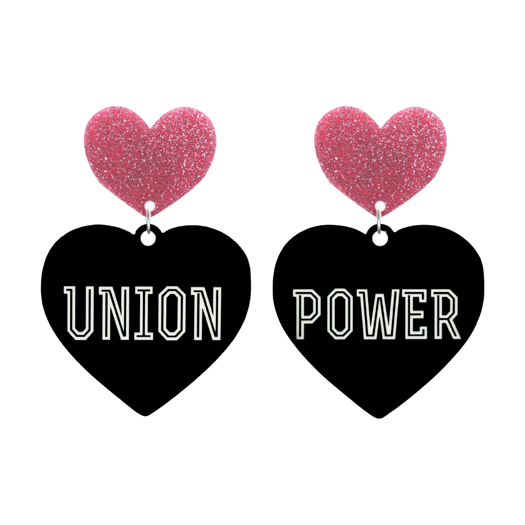 haus of dizzy black Heart-shaped earrings with 'UNION POWER' text in white and pink glittery hearts tops size large