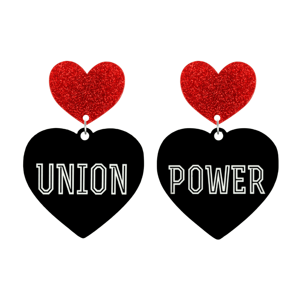 haus of dizzy black Heart-shaped earrings with 'UNION POWER' text in white and red glittery hearts tops size large