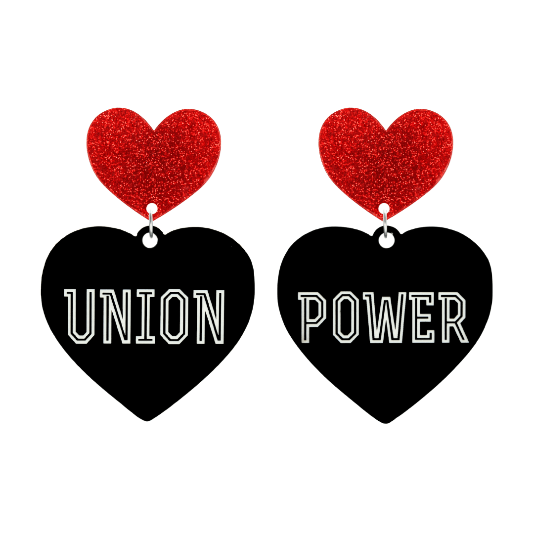 haus of dizzy black Heart-shaped earrings with 'UNION POWER' text in white and red glittery hearts tops size large