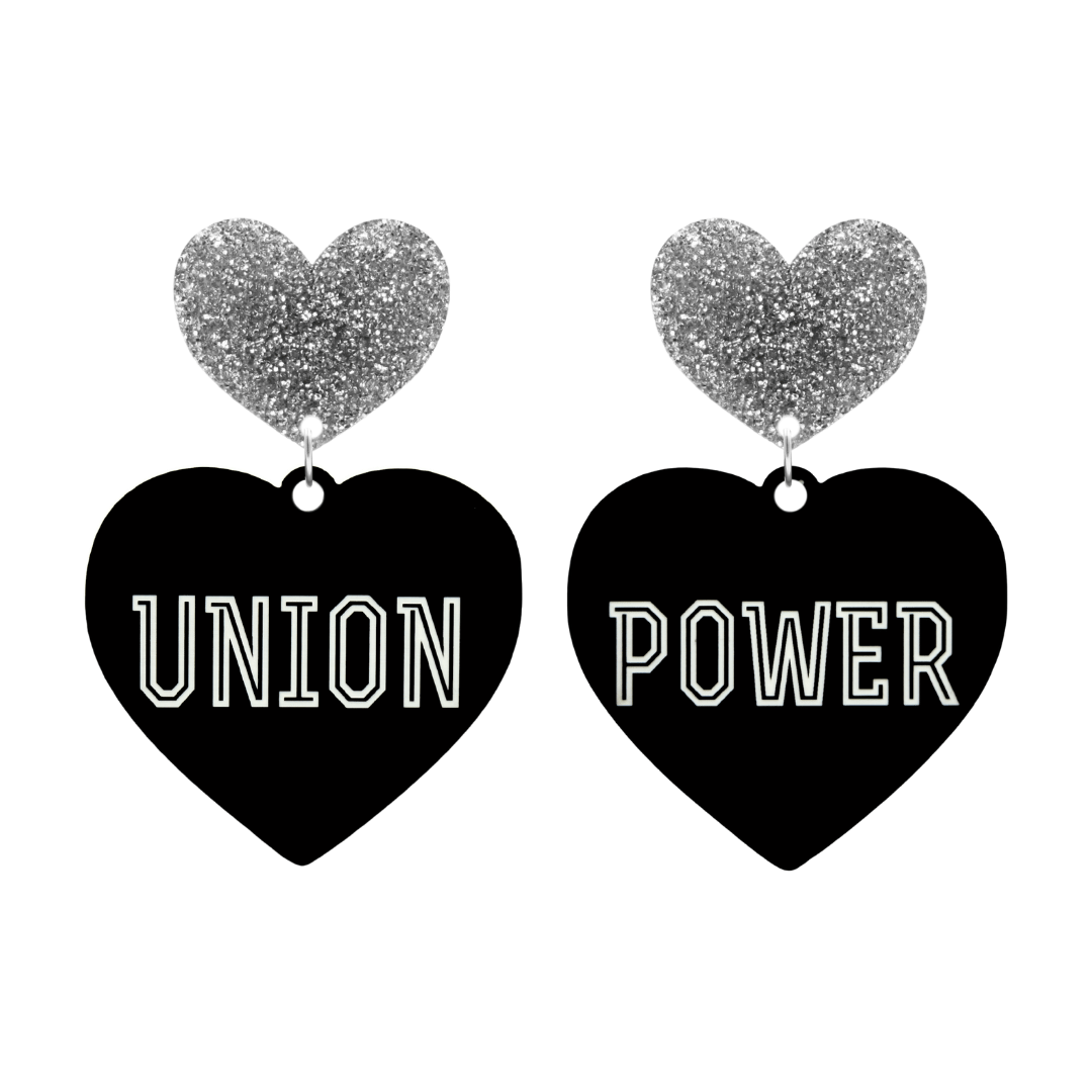 haus of dizzy black Heart-shaped earrings with 'UNION POWER' text in white and silver glittery hearts tops size large