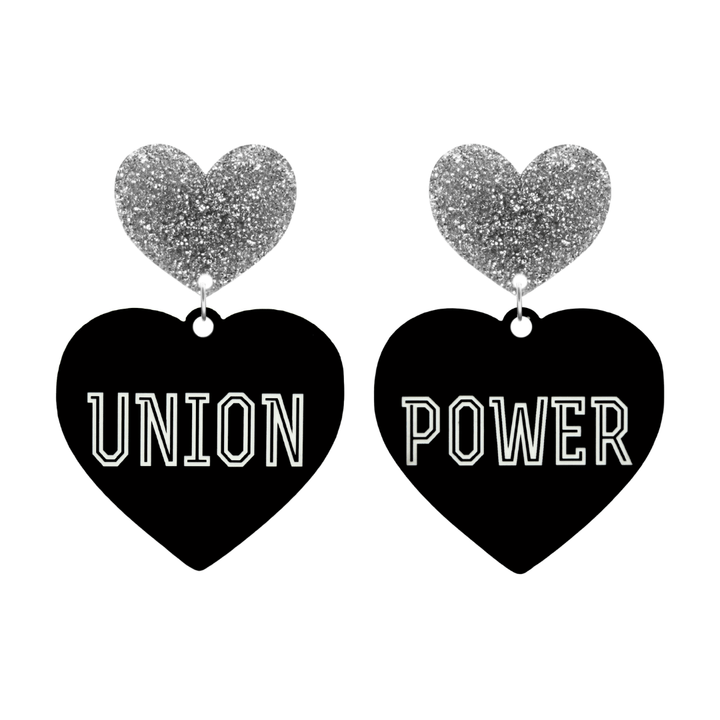 haus of dizzy black Heart-shaped earrings with 'UNION POWER' text in white and silver glittery hearts tops size large
