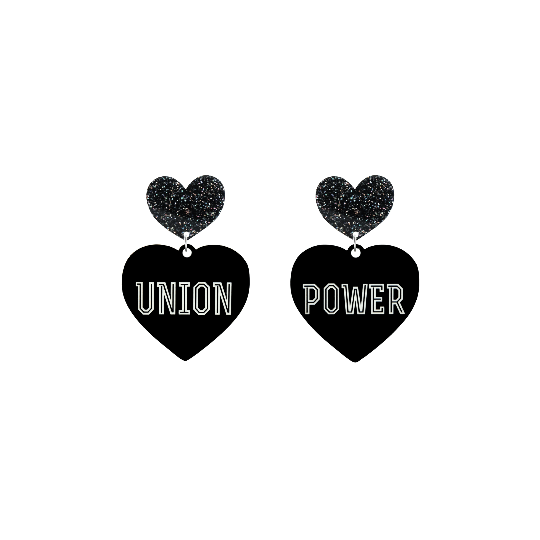 haus of dizzy black Heart-shaped earrings with 'UNION POWER' text in white and black glittery hearts tops size small