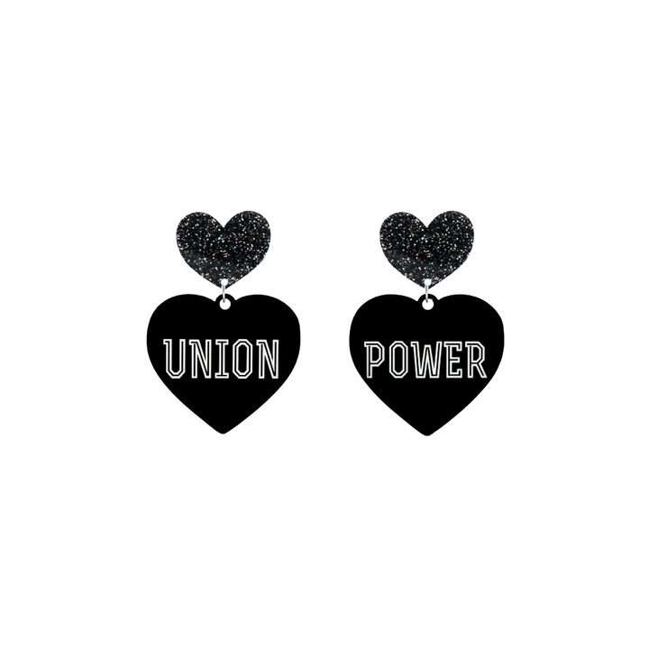 haus of dizzy black Heart-shaped earrings with 'UNION POWER' text in white and black glittery hearts tops size small
