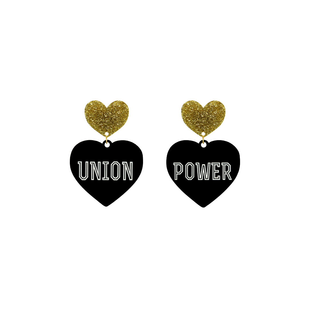 haus of dizzy black Heart-shaped earrings with 'UNION POWER' text in white and gold glittery hearts tops size small