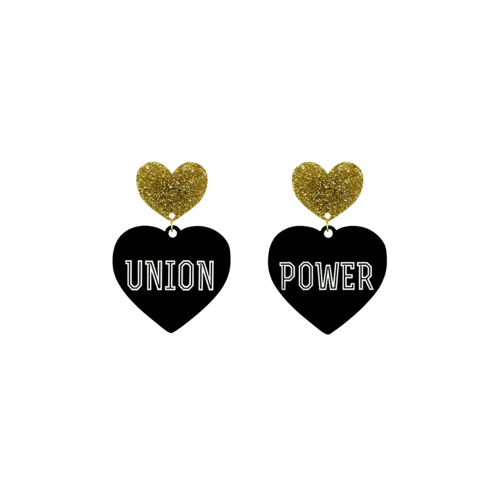 haus of dizzy black Heart-shaped earrings with 'UNION POWER' text in white and gold glittery hearts tops size small