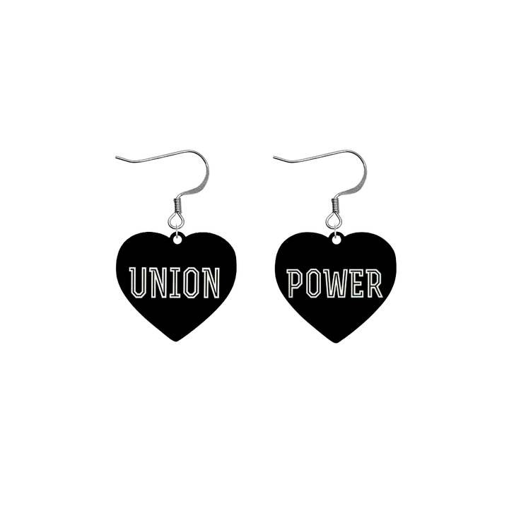 haus of dizzy black Heart-shaped earrings with 'UNION POWER' text in white with silver hooks no heart tops size small