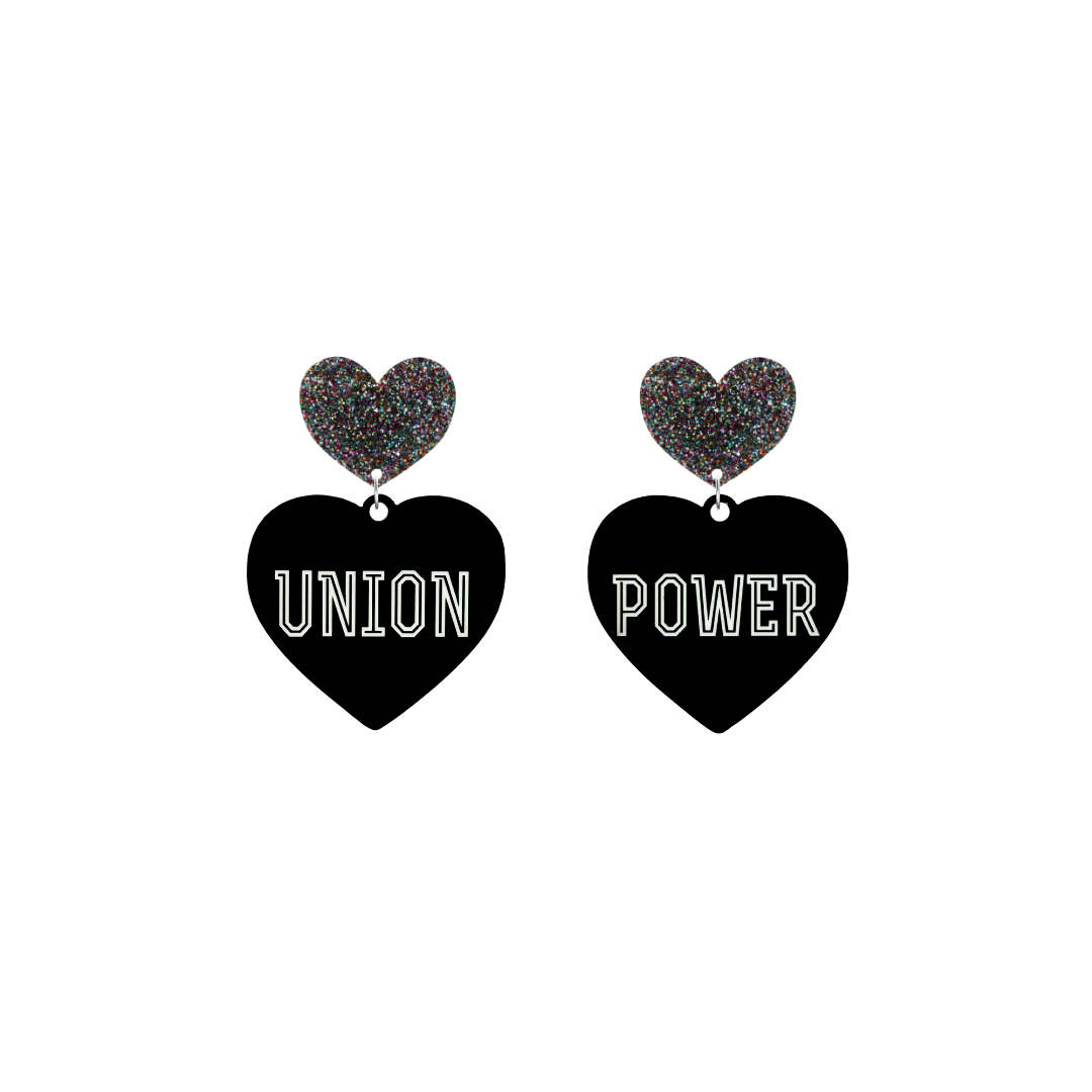 haus of dizzy black Heart-shaped earrings with 'UNION POWER' text in white and multi coloured glittery hearts tops size small