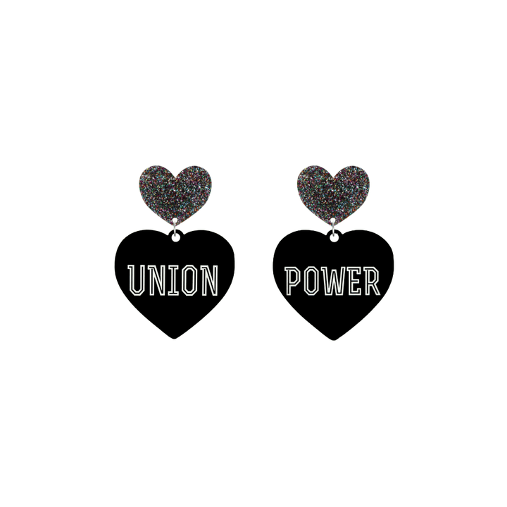 haus of dizzy black Heart-shaped earrings with 'UNION POWER' text in white and multi coloured glittery hearts tops size small