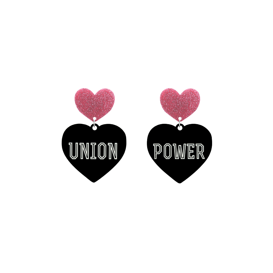 haus of dizzy black Heart-shaped earrings with 'UNION POWER' text in white and pink glittery hearts tops size small