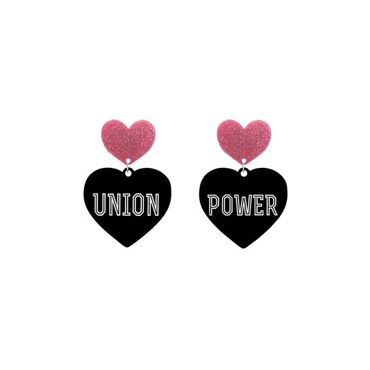 haus of dizzy black Heart-shaped earrings with 'UNION POWER' text in white and pink glittery hearts tops size small